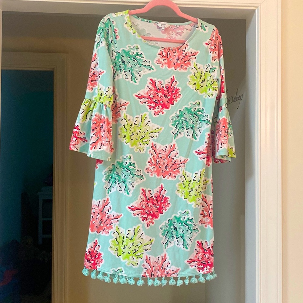 Crown & Ivy Floral Pink Green Dress w/Tassel Detail Bottom & Flare Sleeves Sz S
